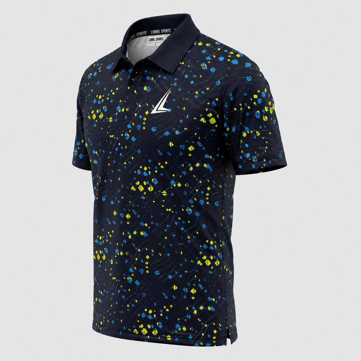 Navy Blue Abstract Performance Polo Shirt - Image 2