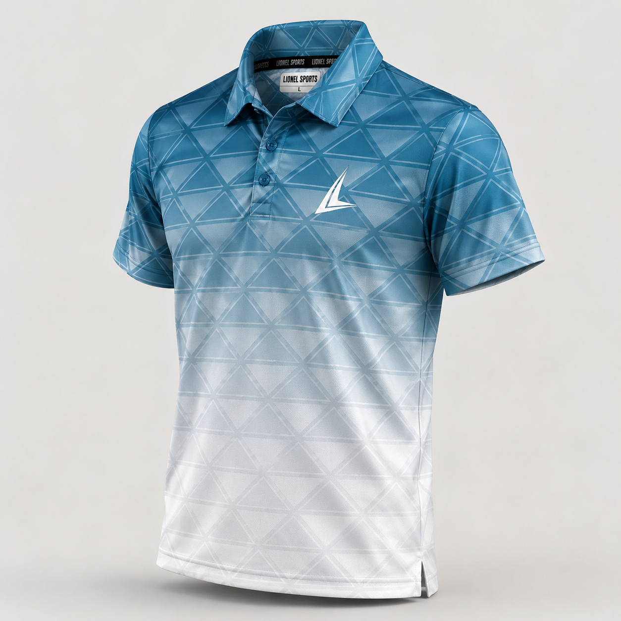 Sky Blue Geometric Gradient Performance Polo Shirt - Image 3
